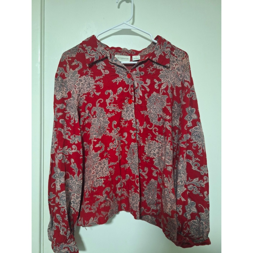 Liz Claiborne Collection Vintage Paisley Blouse Womens 12 Red Rayon Long Sleeve